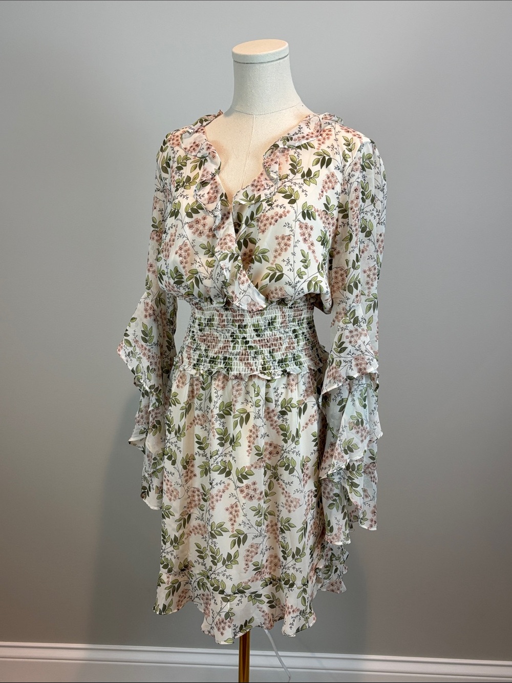 Max Studio Blush & Sage Floral Smocked Waist Mini Dress